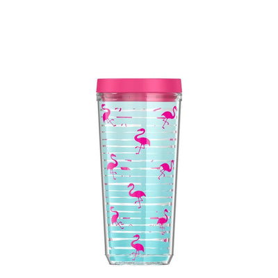 16 ounce double wall tumbler with pink flamingo pattern. 
