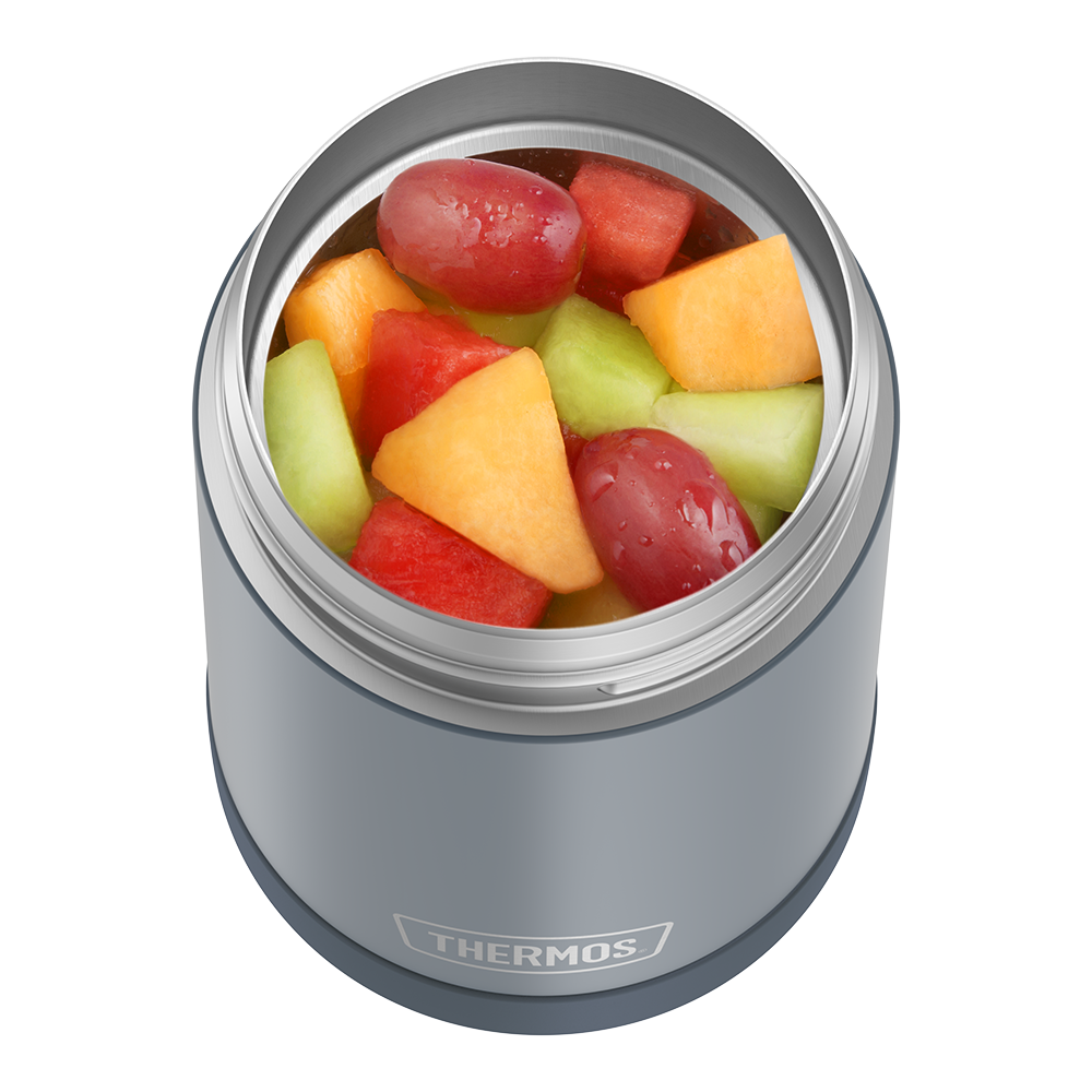 16 ounce Funtainer Kids Food Jar, Stone Slate with assorted fruit inside.