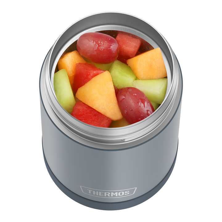 16 ounce Funtainer Kids Food Jar, Stone Slate with assorted fruit inside.