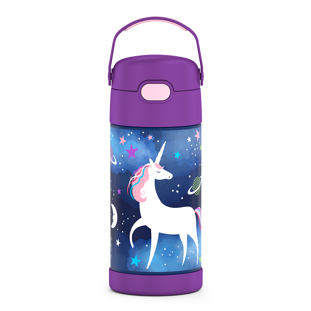 Snug Kids Water Bottle - insulated stainless steel thermos with straw  (Girls/Boys) - Unicorns, 12oz