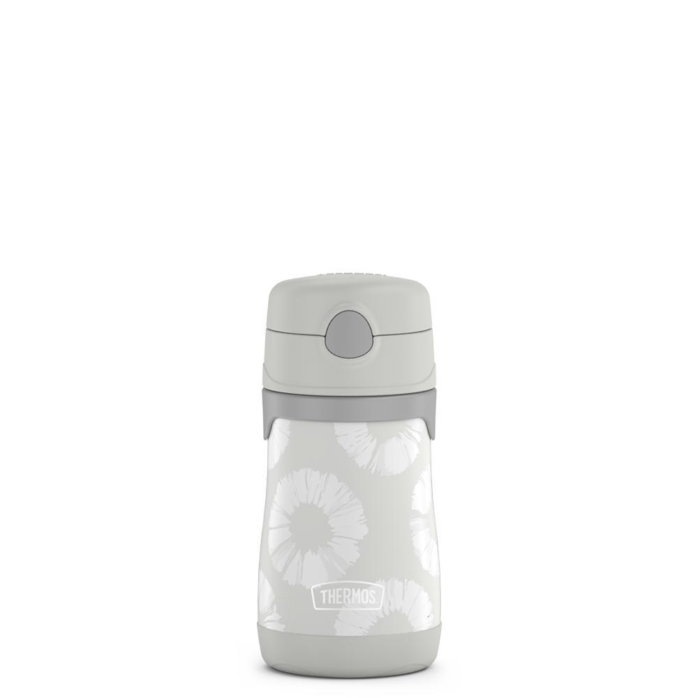 10 ounce Thermos Kids water bottle, grey tie dye pattern with grey and beige details.
