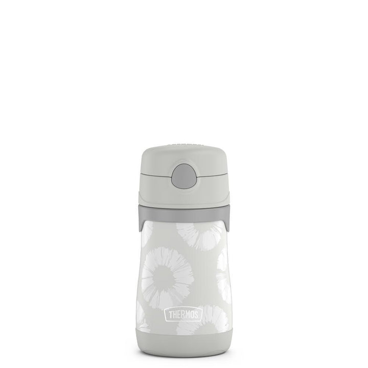 10 ounce Thermos Kids water bottle, grey tie dye pattern with grey and beige details.