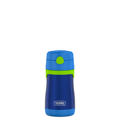 10 ounce Thermos Kids water bottle, Navy with lime green straw compartment button.