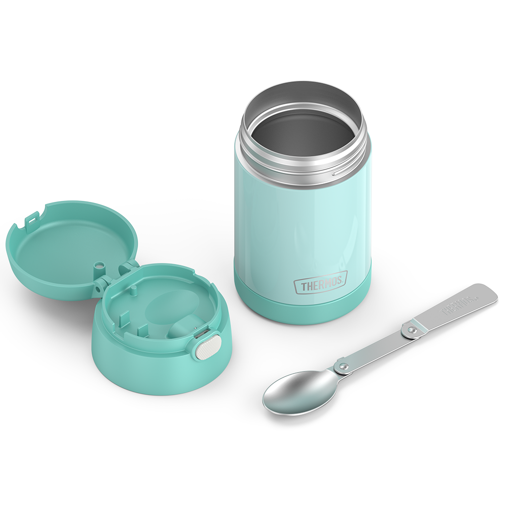 16 ounce Kids Food Jar, unassembled and spoon unfolded, Mint.