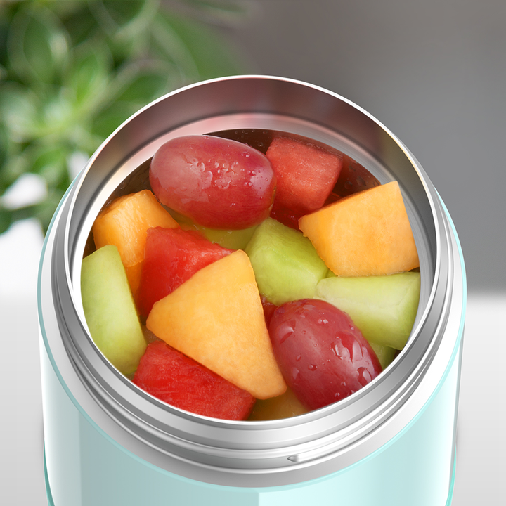 16 ounce Funtainer Kids Food Jar, Mint with assorted fruit inside.