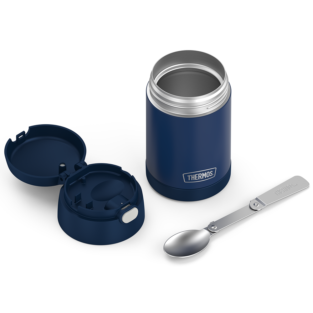 16 ounce Kids Food Jar, unassembled and spoon unfolded, Navy.