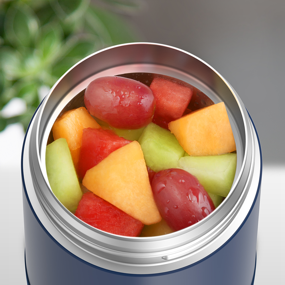 16 ounce Funtainer Kids Food Jar, Navy with assorted fruit inside.