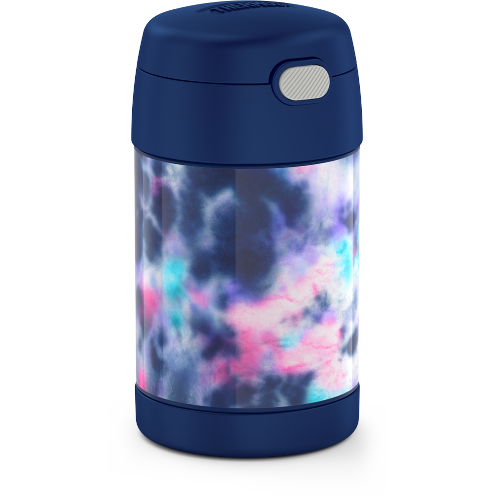 16 ounce Kids Food Jar, side view, Navy, Pink, Purple, Blue Tie Dye.