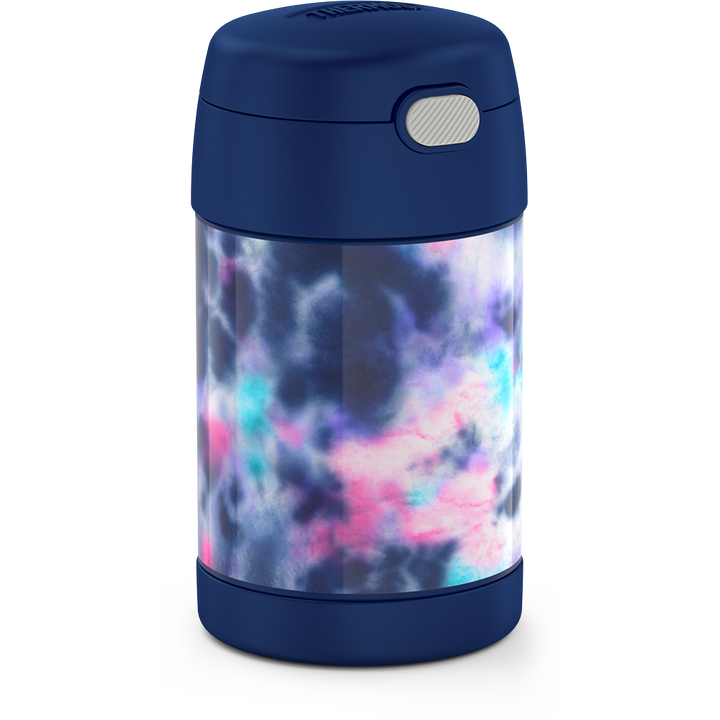 16 ounce Kids Food Jar, side view, Navy, Pink, Purple, Blue Tie Dye.