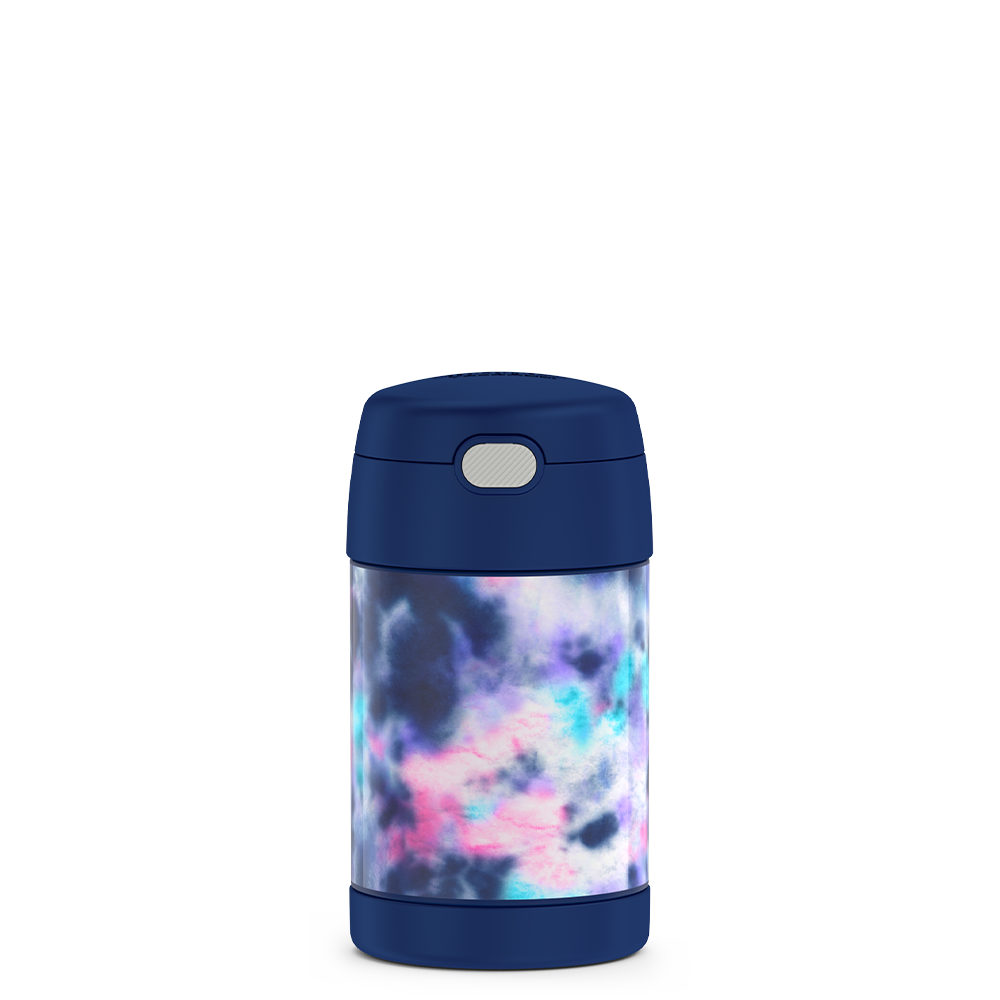 16 ounce Kids Food Jar, front view, Navy, Pink, Purple, Blue Tie Dye, front view.