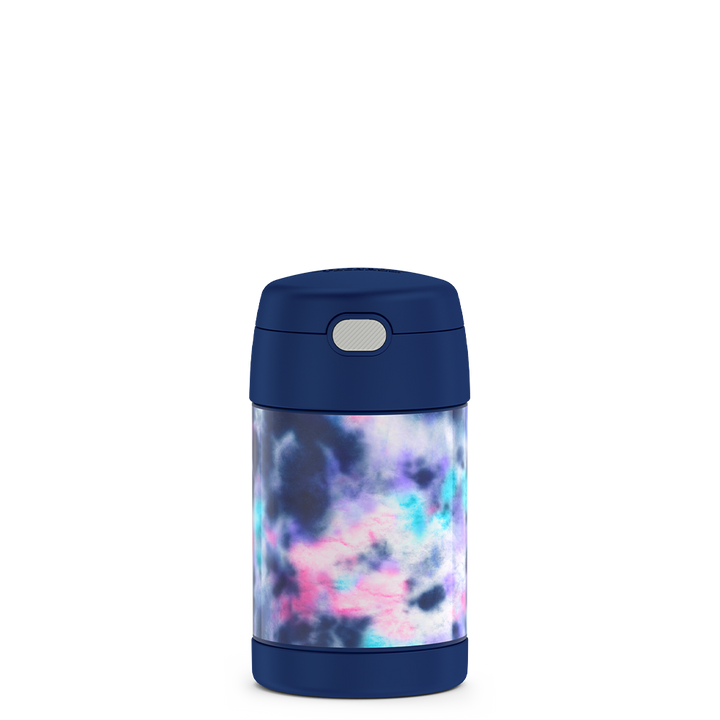 16 ounce Kids Food Jar, front view, Navy, Pink, Purple, Blue Tie Dye, front view.