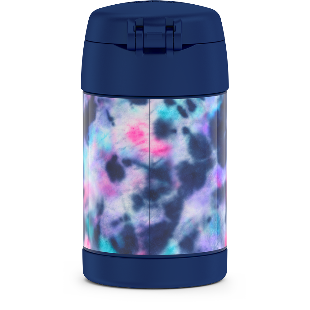 16 ounce Funtainer Kids Food Jar, back view, Navy, Pink, Purple, Blue Tie Dye.