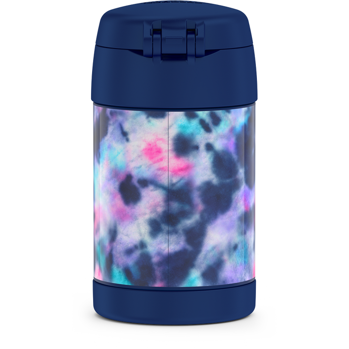 16 ounce Funtainer Kids Food Jar, back view, Navy, Pink, Purple, Blue Tie Dye.