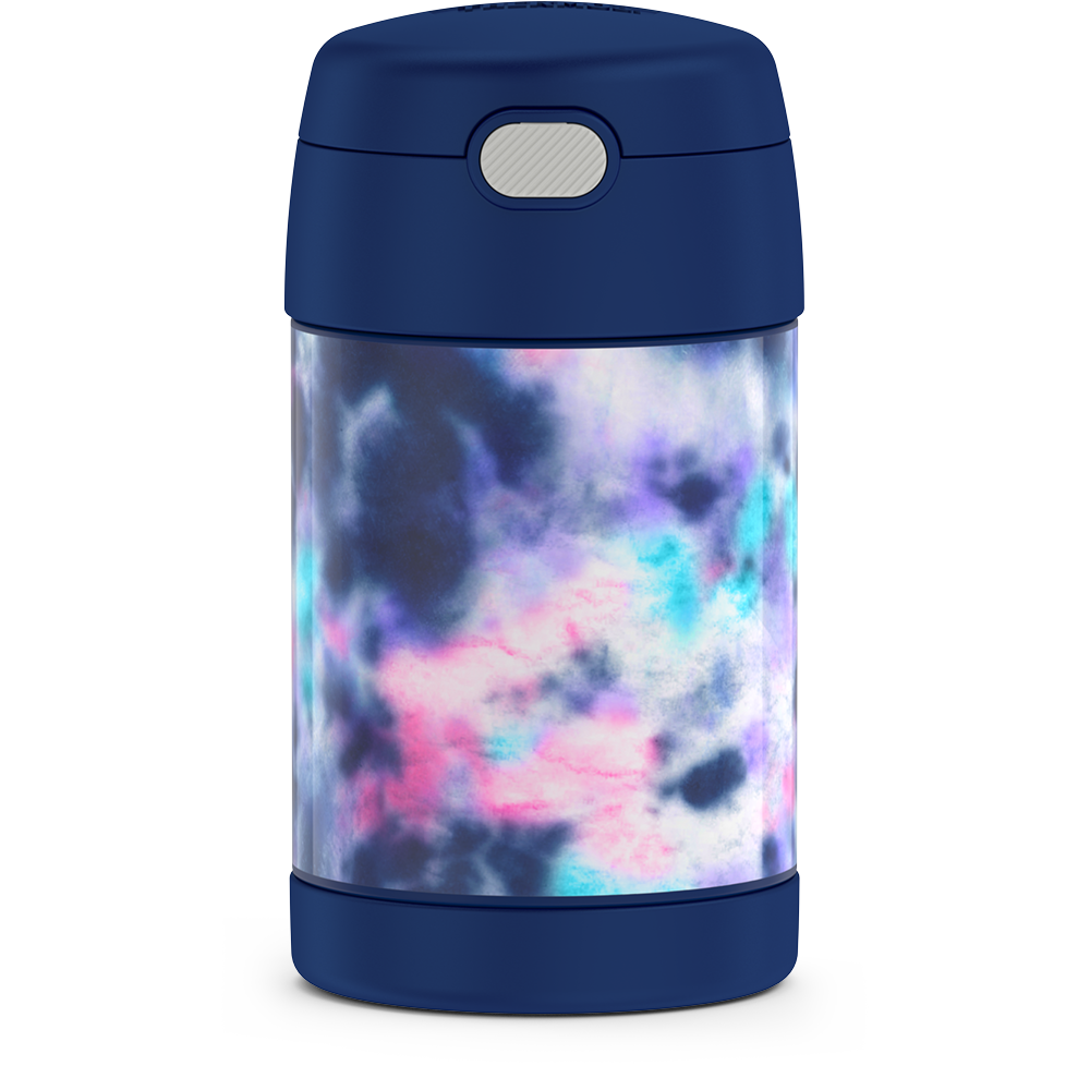 16 ounce Kids Food Jar, front view, Navy, Pink, Purple, Blue Tie Dye, front view.