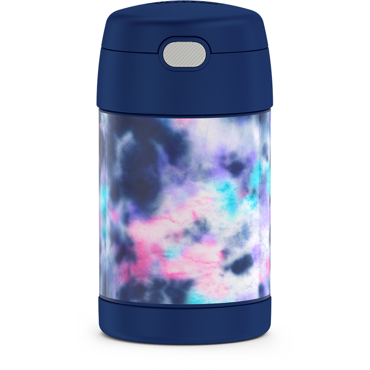 16 ounce Kids Food Jar, front view, Navy, Pink, Purple, Blue Tie Dye, front view.