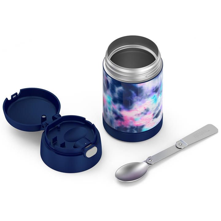 16 ounce Kids Food Jar, unassembled and spoon unfolded, Navy, Pink, Purple, Blue Tie Dye.