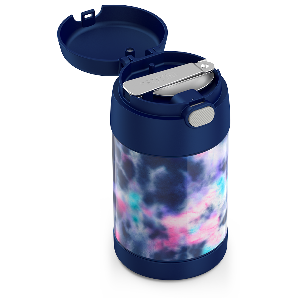 16 ounce Funtainer Kids Food Jar, lid open, spoon folded inside, Navy, Pink, Purple, Blue Tie Dye.