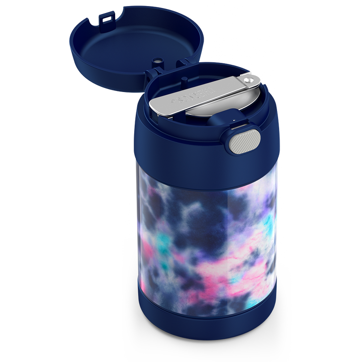 16 ounce Funtainer Kids Food Jar, lid open, spoon folded inside, Navy, Pink, Purple, Blue Tie Dye.