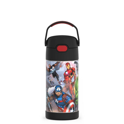 12 ounce Funtainer water bottle, avengers, front view, handle up.