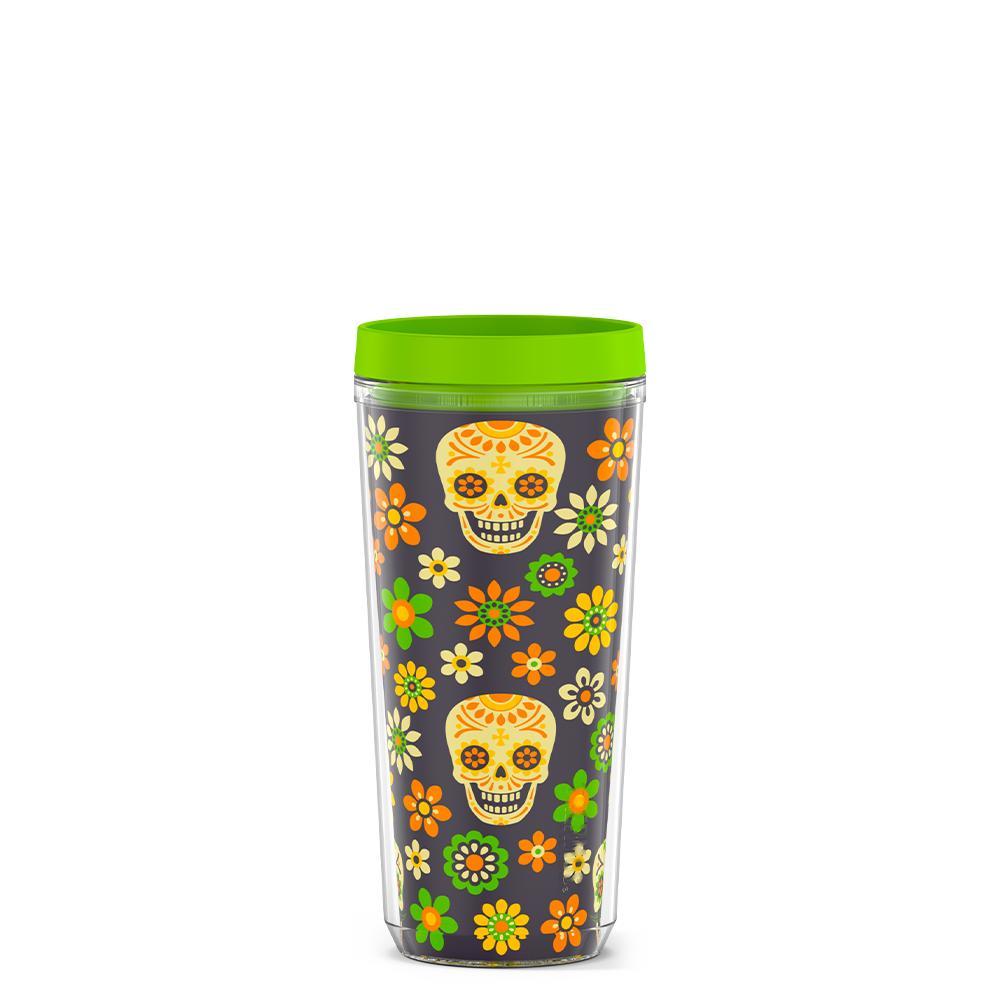 16-ounce double wall tumbler with slide lock lid, in Day of the Dead Skull pattern, front view.