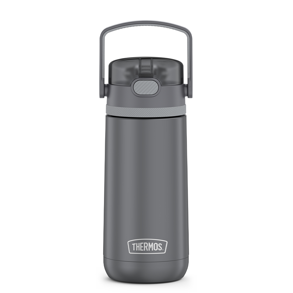 14 ounce Thermos Kids Stainless Steel Water Bottle, Grey front view with handle up.