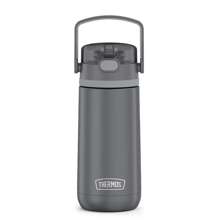 14 ounce Thermos Kids Stainless Steel Water Bottle, Grey front view with handle up.