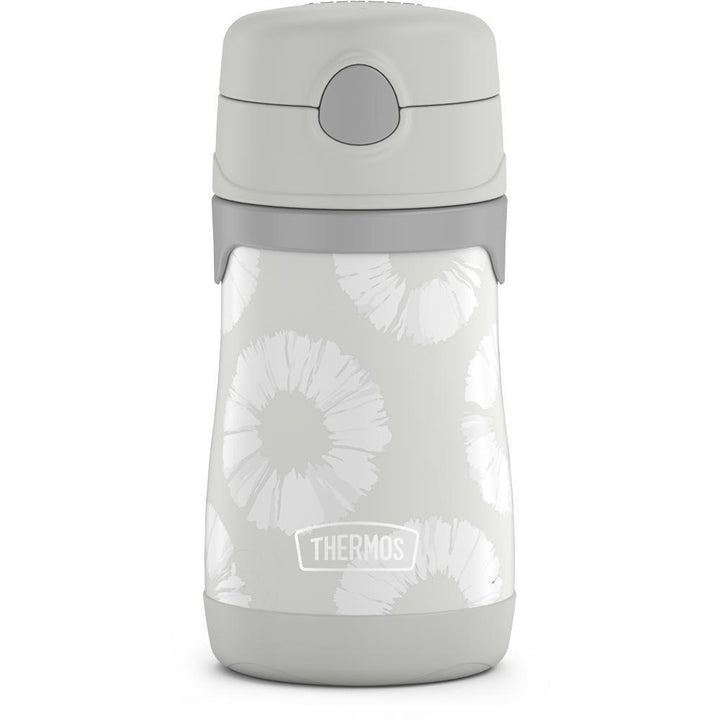 10 ounce Thermos Kids water bottle, grey tie dye front view showing button to push for straw access.