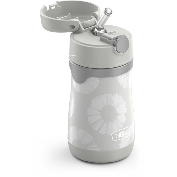 10 ounce Thermos Kids water bottle, grey tie dye side view showing lid open and straw.