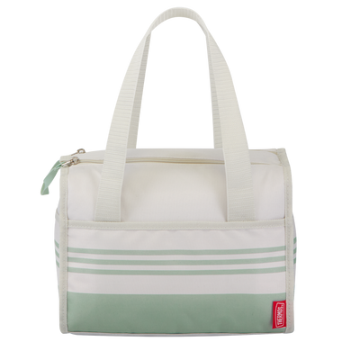The 12 Can Lunch Tote in white with green stripes.