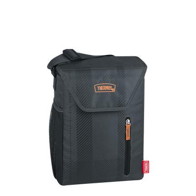 12-can cooler, Charcoal Plaid with stretchy side pouch, flap lid, and front zipper compartment.