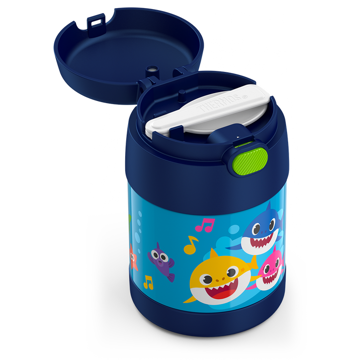 10 ounce Funtainer food jar, Baby Shark with open spoon compartment and spoon folded inside.
