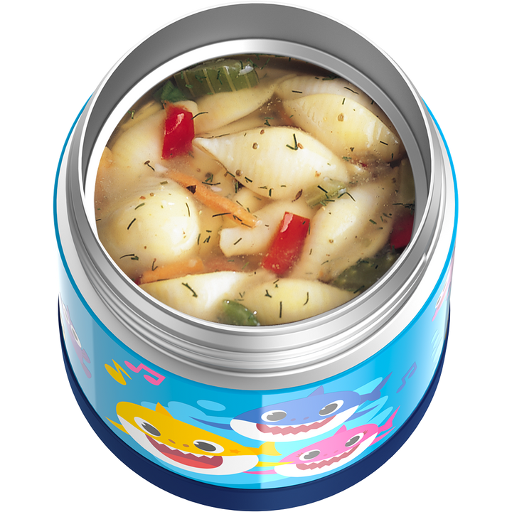10 ounce Funtainer food jar, Baby Shark with noodle soup inside.