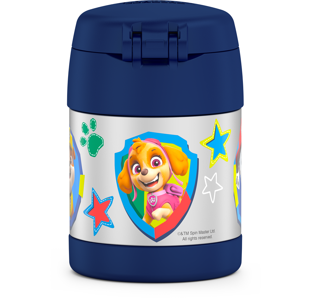 10 ounce Funtainer food jar, Paw Patrol back view featuring Skye.