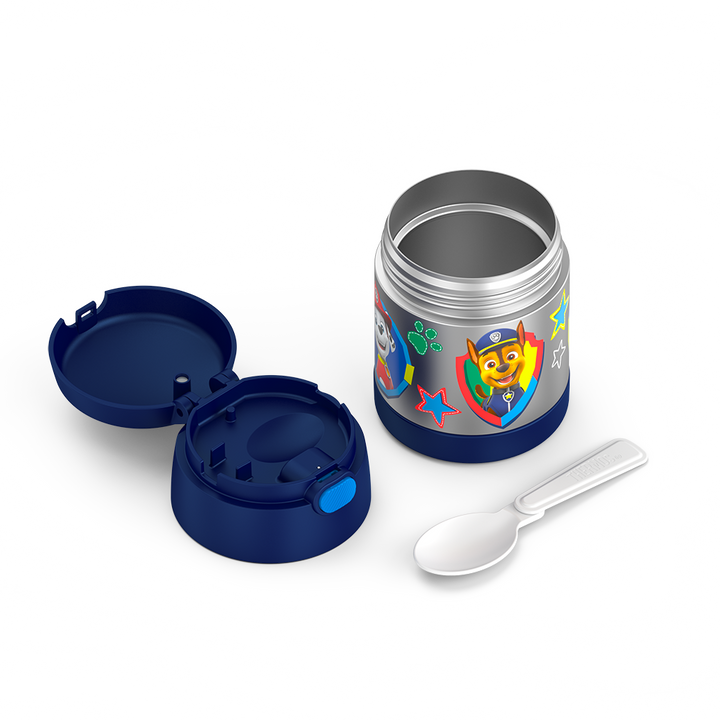 10 ounce Funtainer food jar, Paw Patrol Chase disassembled with lid open, but empty to show spoon compartment and spoon next to jar, unfolded.