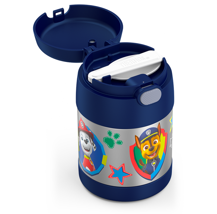 10 ounce Funtainer food jar, Paw Patrol side view with lid open to show folded spoon in spoon compartment featuring Chase and Marshall.