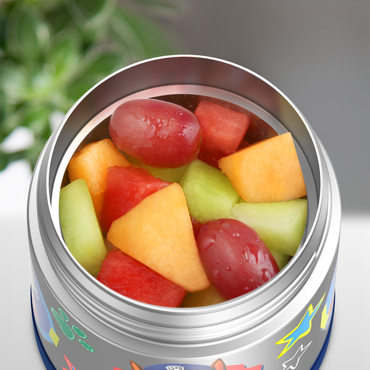 10 ounce Funtainer food jar, open with assorted fruit inside.