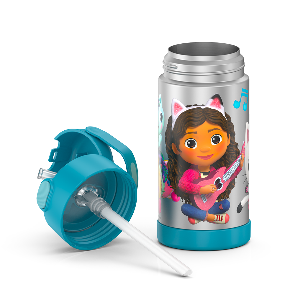 Thermos Funtainer 12 Ounce Stainless Steel Vacuum Insulated Kids Straw Bottle, Gabby's Dollhouse