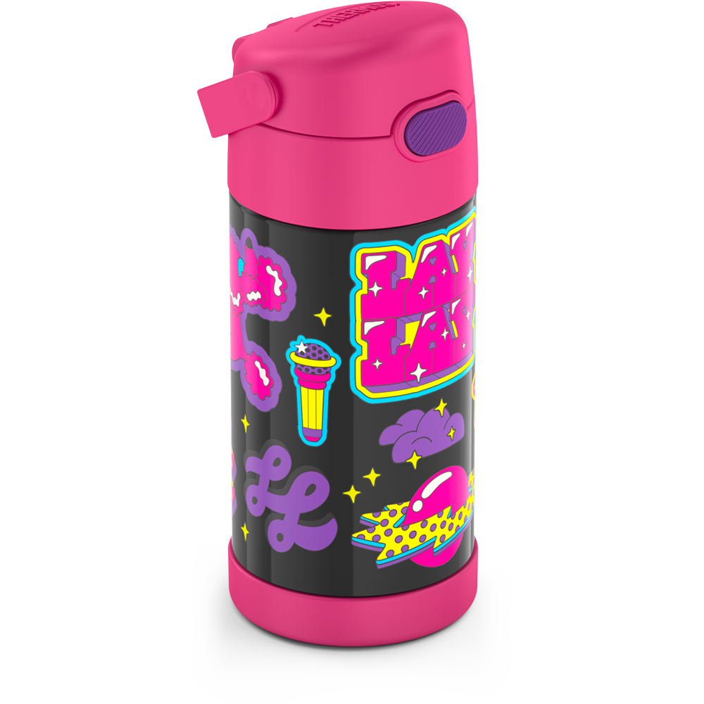 12 ounce Funtainer water bottle, That Girl Lay Lay, Pink, side view, handle down.