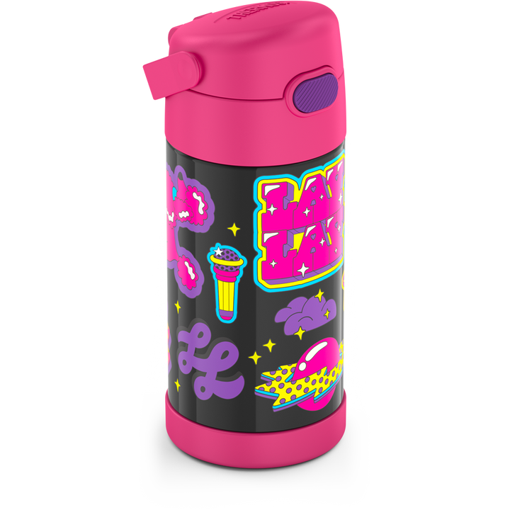 12 ounce Funtainer water bottle, That Girl Lay Lay, Pink, side view, handle down.