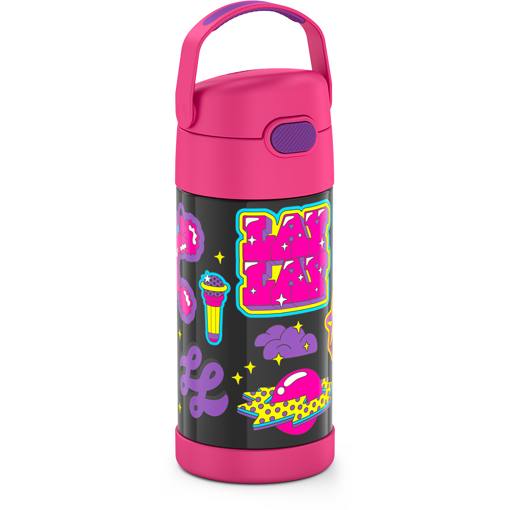 12 ounce Funtainer water bottle, That Girl Lay Lay, Pink, front view, handle up.