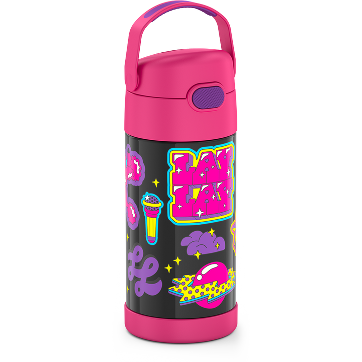 12 ounce Funtainer water bottle, That Girl Lay Lay, Pink, front view, handle up.