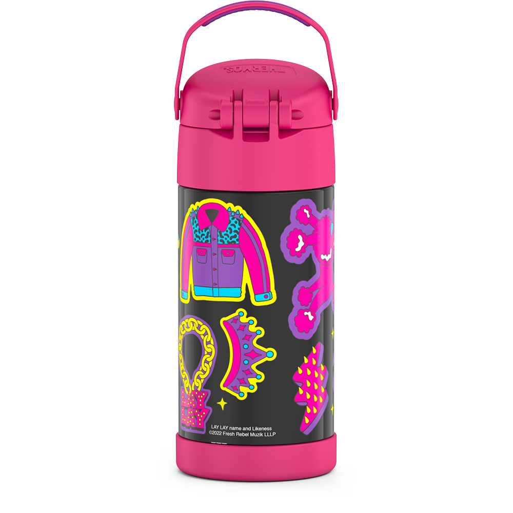 12 ounce Funtainer water bottle, back view, handle up, That Girl Lay Lay, Pink.