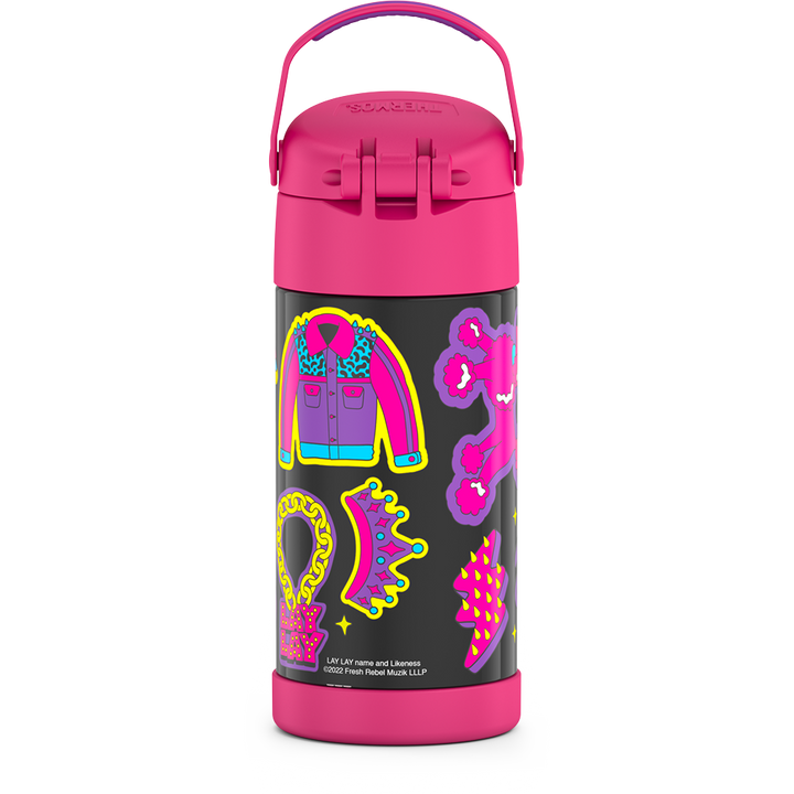 12 ounce Funtainer water bottle, back view, handle up, That Girl Lay Lay, Pink.