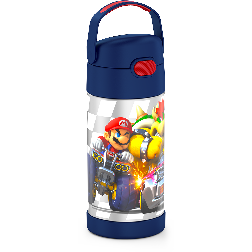 12 ounce Funtainer water bottle, side view, handle up, Mario Kart.