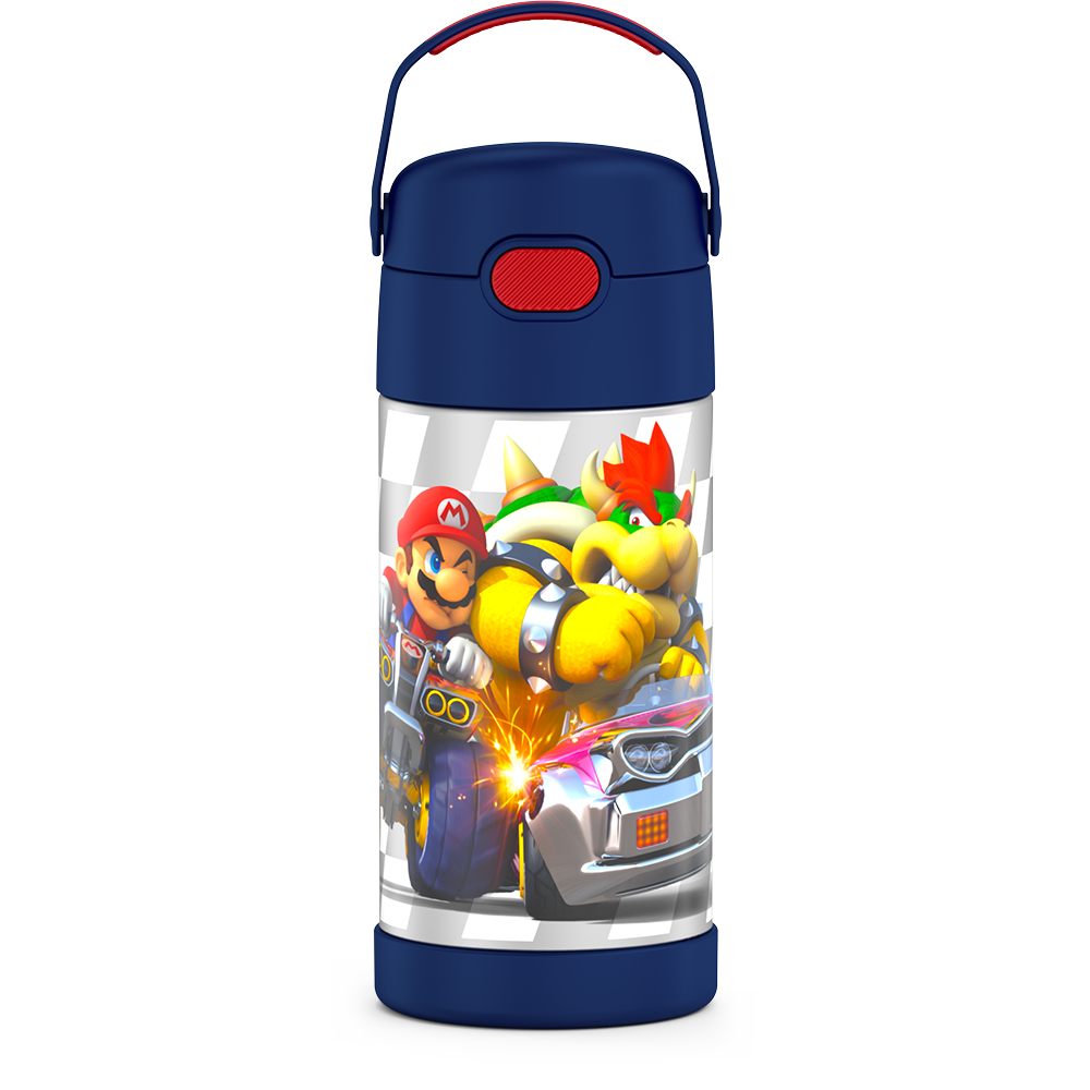 12 ounce Funtainer water bottle with handle up, Mario Kart.