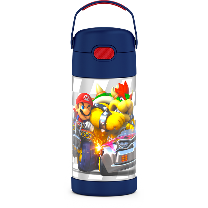 12 ounce Funtainer water bottle with handle up, Mario Kart.