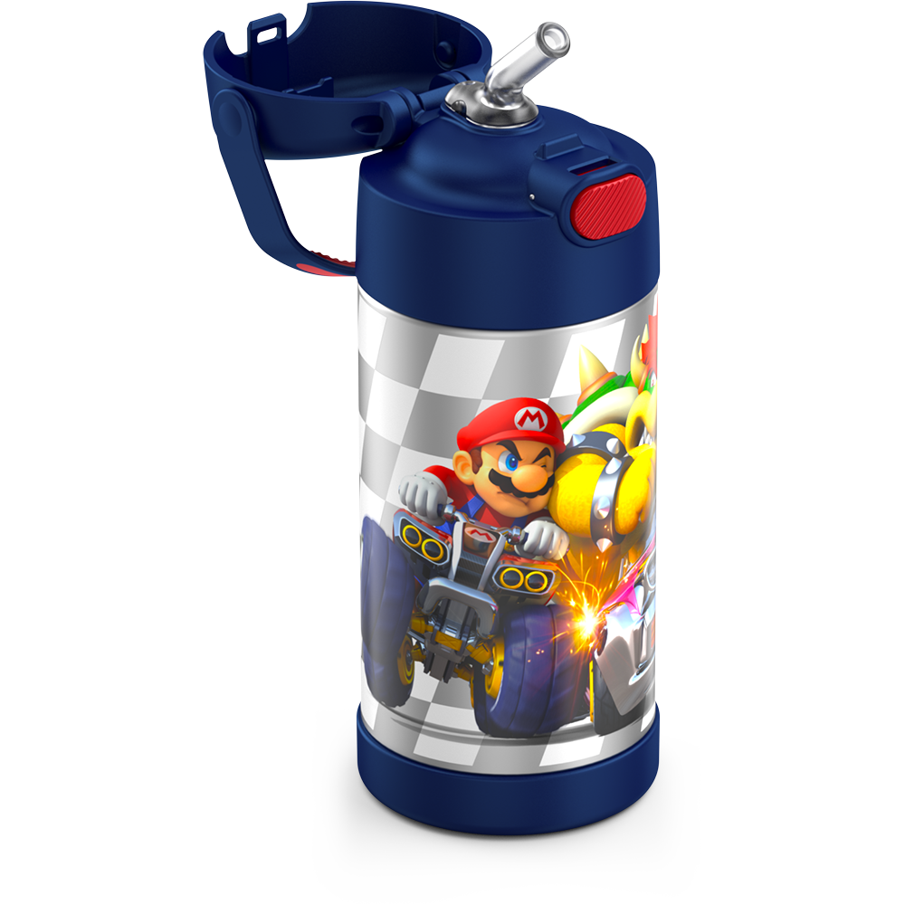 12 ounce Funtainer water bottle, Mario Kart, straw inset.