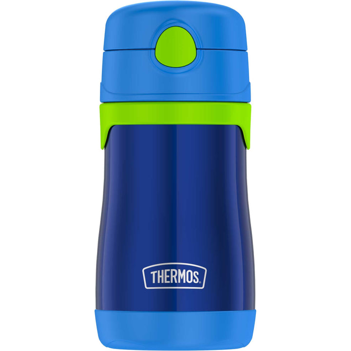 10 ounce Thermos Kids water bottle, Navy with lime green straw compartment button front view.
