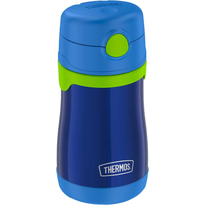 10 ounce Thermos Kids water bottle, Navy with lime green straw compartment button side view.