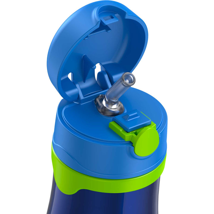 10 ounce Thermos Kids water bottle, Navy with lime green top view of lid open and straw.